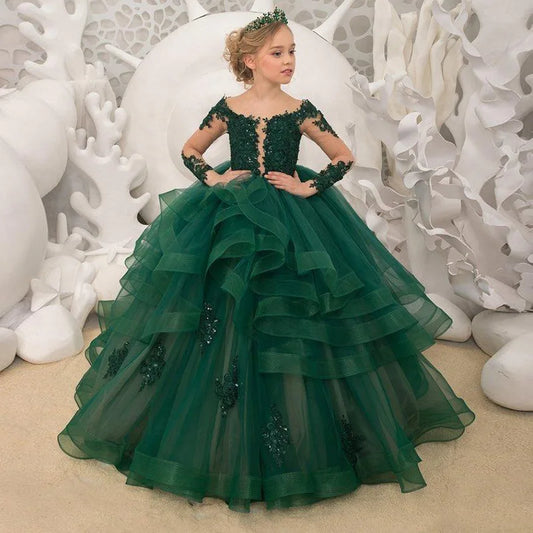 Gorgeous Green Flower Girl Dresses Scoop Neck Appliqued Beaded Long Sleeves Girl Pageant Gowns Ruffle Tiered Sweep Train Birthda