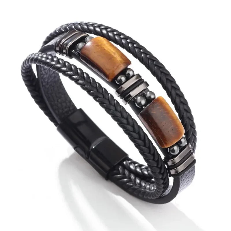 Tiger Eye Black Leather Bracelet