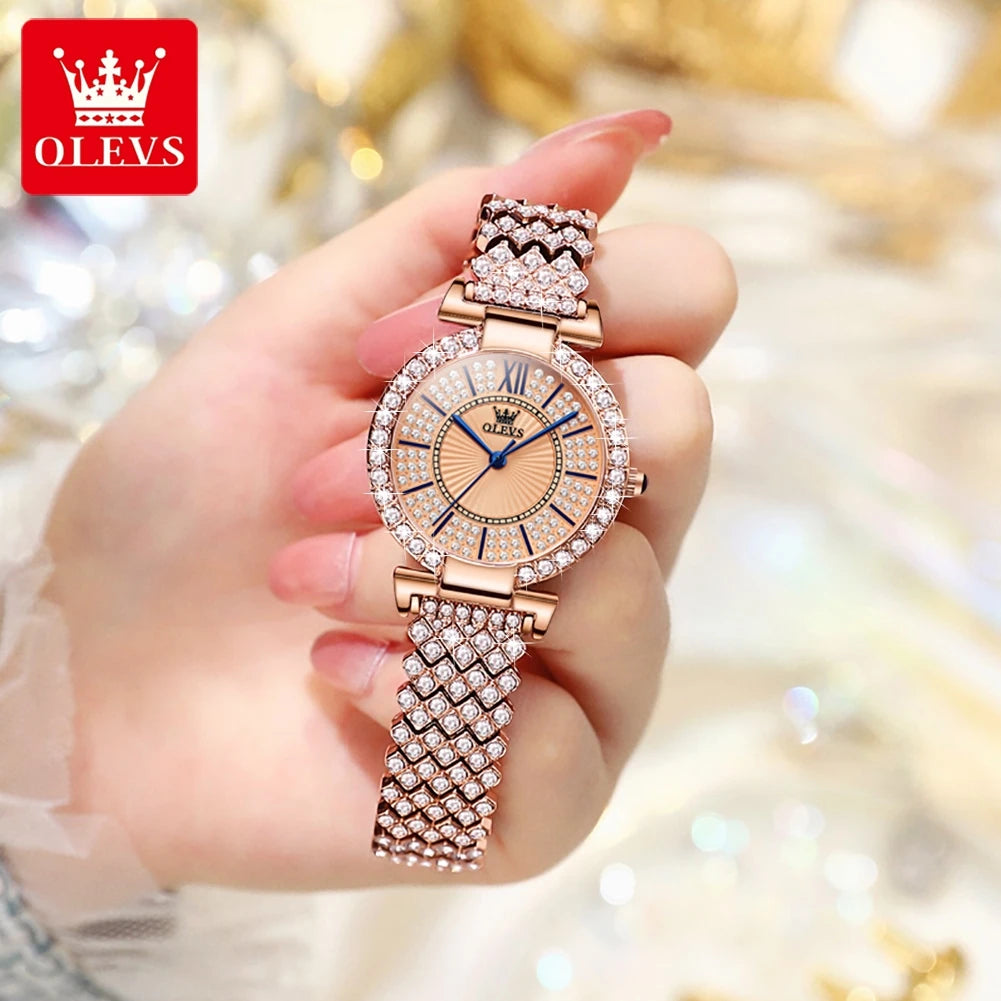 OLEVS Original Full Diamond Luxury Quartz Watch for Women Elegant Rose Gold Ladies Dress Wristwatch Stainless Steel Girl's Watch