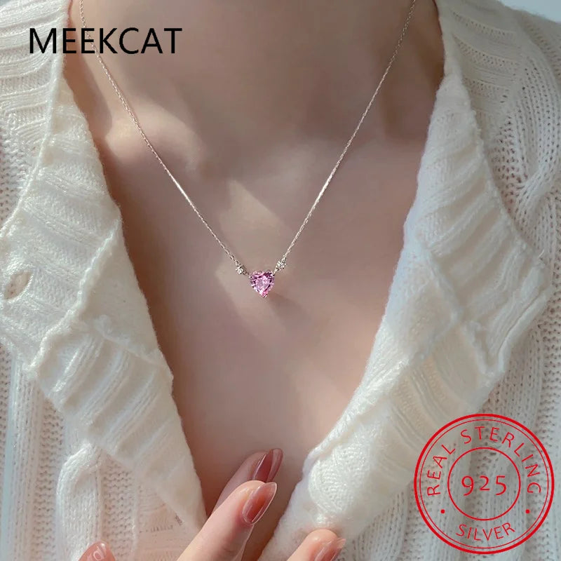 925 Sterling Silver Pink Zircon Love Heart Necklace for Women Fashion Sweet Design Clavicle Chain collares para mujer DD-TN33