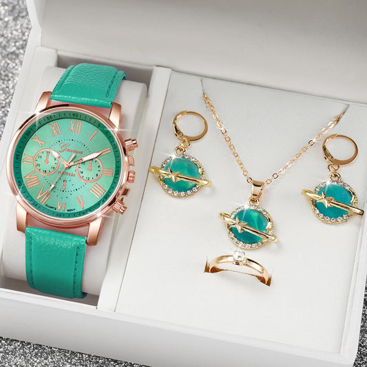 5PCs/Set Mint Green Fresh Fashion Watch Three Eyes dial Leather strap Quartz Watch Cat Eye Jewelry Set