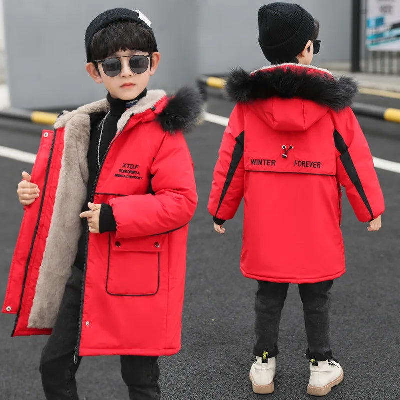 Winter Warmth Boys Fur Hood Fleece Lined Drawstring Zip Long Puff Jacket School Kids Therme Parka Child Snow Coat Outfit 3-15Yrs