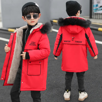 Winter Warmth Boys Fur Hood Fleece Lined Drawstring Zip Long Puff Jacket School Kids Therme Parka Child Snow Coat Outfit 3-15Yrs