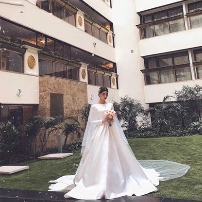 Customized Vestidos De Novia Simple Vintage White Satin Wedding Dress Long Sleeves Princesa Bridal Gown CustomizedRobe Mariée