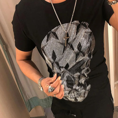 Vintage Gothic Skulls Man Rhinestone T-shirt Round Neck Men's Tops 3D Skull Short Sleeve Hip Hop Streetwear Male Sports T-shirt