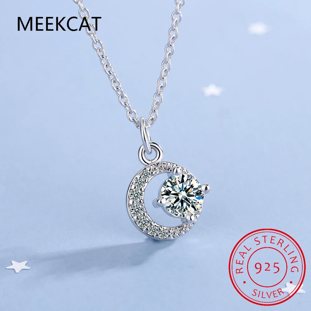 100% S925 Sterling Silver Moissanite Necklace Women Small Fresh Round Shape Diamond Personality Moon Clavicle Pendant