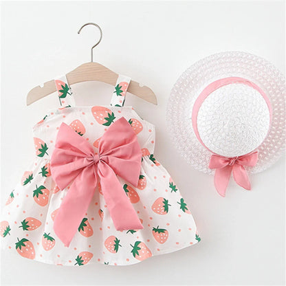 2Pcs/Set Summer Toddler Girls Dress Sweet Bow Strawberry Sleeveless Baby Clothes Suit Princess Party Children Costume 0 To 3 Y