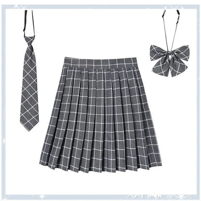 Women Plaid Pleat Skirt With Necktie Bowtie