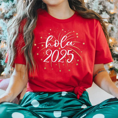 Hello 2025 Happy New Year Funny Printed Women Clothing Fashion Casual Short Sleeve White Female Tops Streetwear Tees