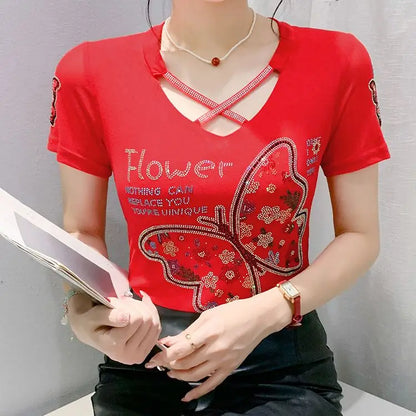 Fashion T-shirt  Diamonds Letter Rose