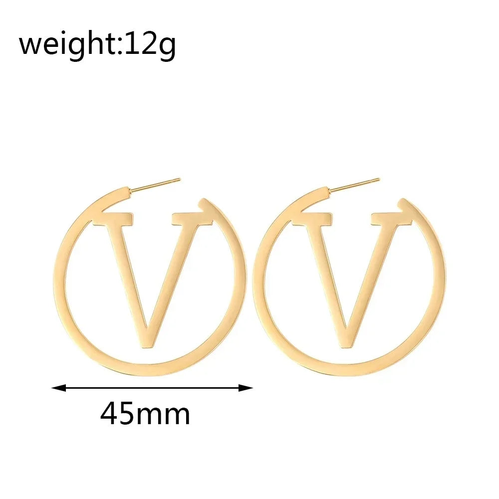 2024 New Trends V Letter Hoop Earrings For Women Stainless Steel Earrings Punk Round Ear Jewelry Gift