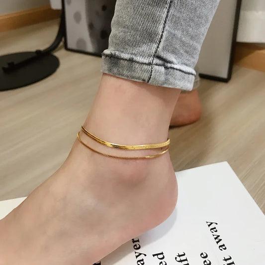 Stylish simple double snake chain stainless steel female anklet timeless gold colour female anklet jewelry