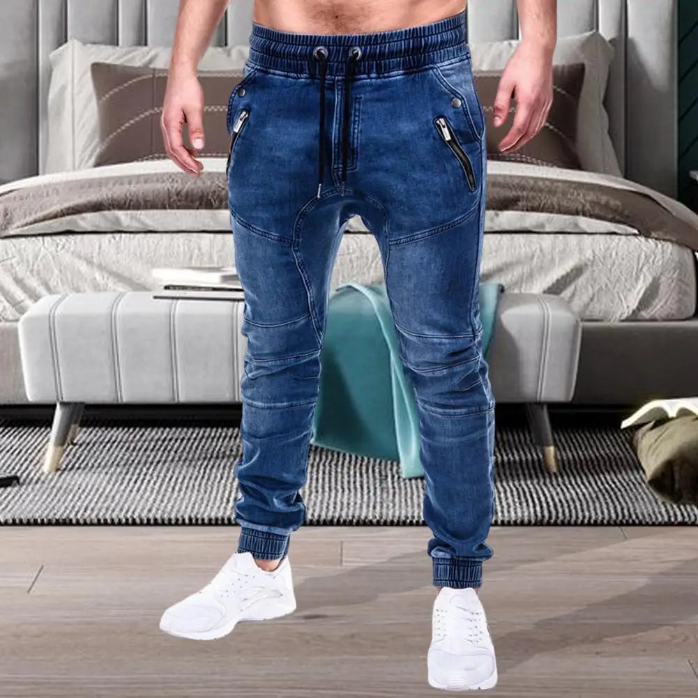 Men's Outdoor Summer Riding Jeans Motorpoof Jeans Skinny Jeans Fashion Pockets Denim Pencil Pants Ankle Tied Denim Trousers