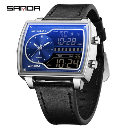 SANDA 6163 Fashion Trend Men's Quartz Watch Fashion Square Watch Countdown Sports Waterproof Dual Display Digital Men's Watches