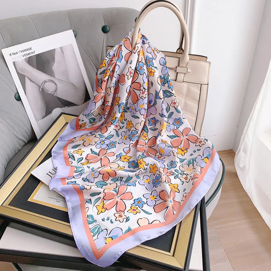 2023 New Fashion Colorful Flower Pattern Printed Scarves with Versatile Temperament 70cm Small Square Silk Polyester Scarf