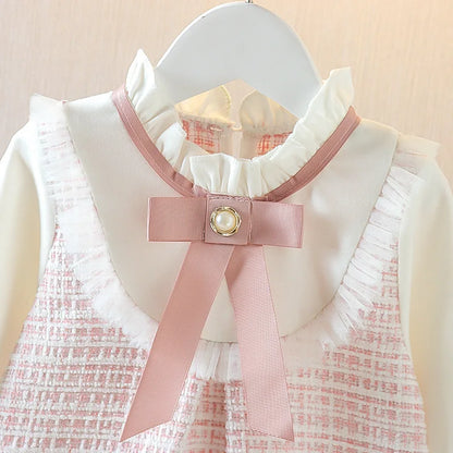 New In Spring Toddler Girl Dresses Korean Fashion Cute Bow Mesh Plaid Long Sleeve Princess Kids Dress Baby Clothes Outfit BC464