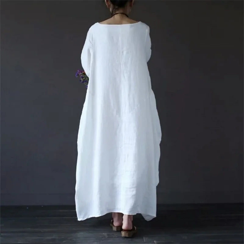 New Loose Size  Mid-Sleeve Cotton And Linen Long Dress