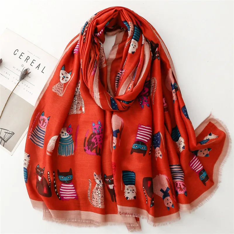 Luxury Brand New Women Winter Autumn Scarf Casual Soft Cotton and Linen Fashion Cats Prints Warm Long Shawls Scarves 2023