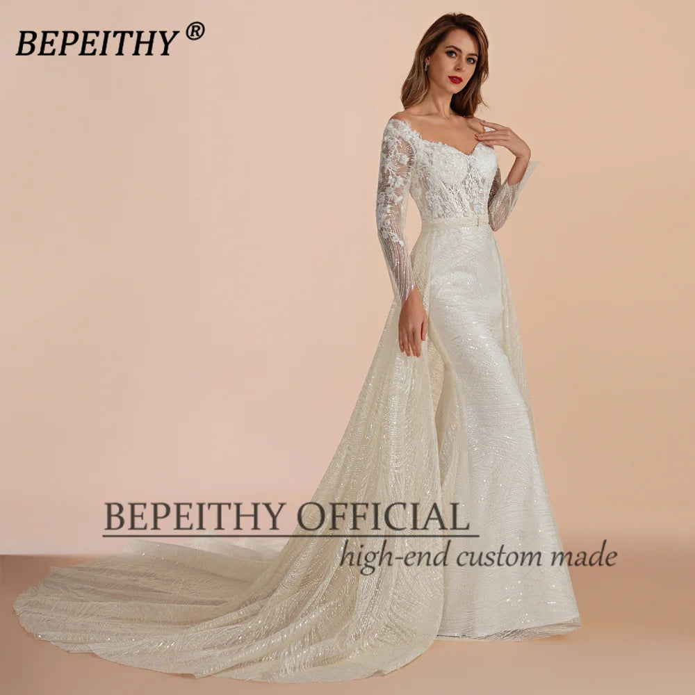 BEPEITHY Customized Lace Evening Dress Formal Occassion With Full Sleeves For Women Square Court Train Party Gown 2023 Hot Sale