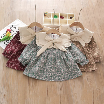 Fall Winter New Girls' Dress Lapel Floral Full Camp Bow Ribbon Lace Pleated Puffy Sleeves Sweet Girls' Dress