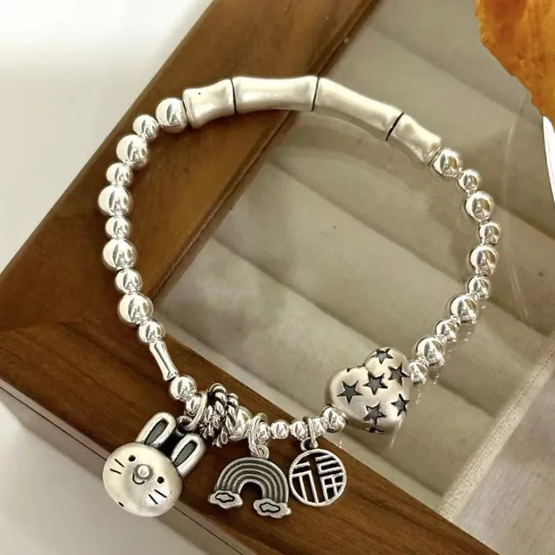 New Arrival Romantic Love Heart & Rabbit Animal 925 Sterling Silver Female Charm Bracelet Jewelry For Women Birthday Gifts