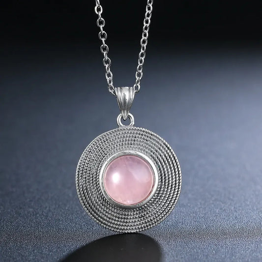 925 Sterling Silver Necklace Natural Round 10MM Rose Quartz Pendant Necklace for Women Jewelry Gift Charm Necklace