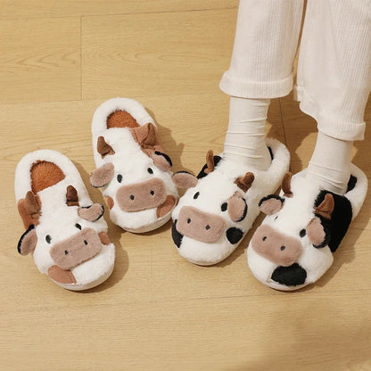 New Winter Unisex Cartoon Cow Warm Plush Slippers Couple's Indoor Non-slip House Mule Men And Women Toe Wrap Home Cotton Shoes