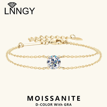 Lnngy 6.5mm 1ct Moissanite Bracelet 925 Sterling Silver Certified Double Chain Bracelets For Women Charm Wedding Jewelry Gift