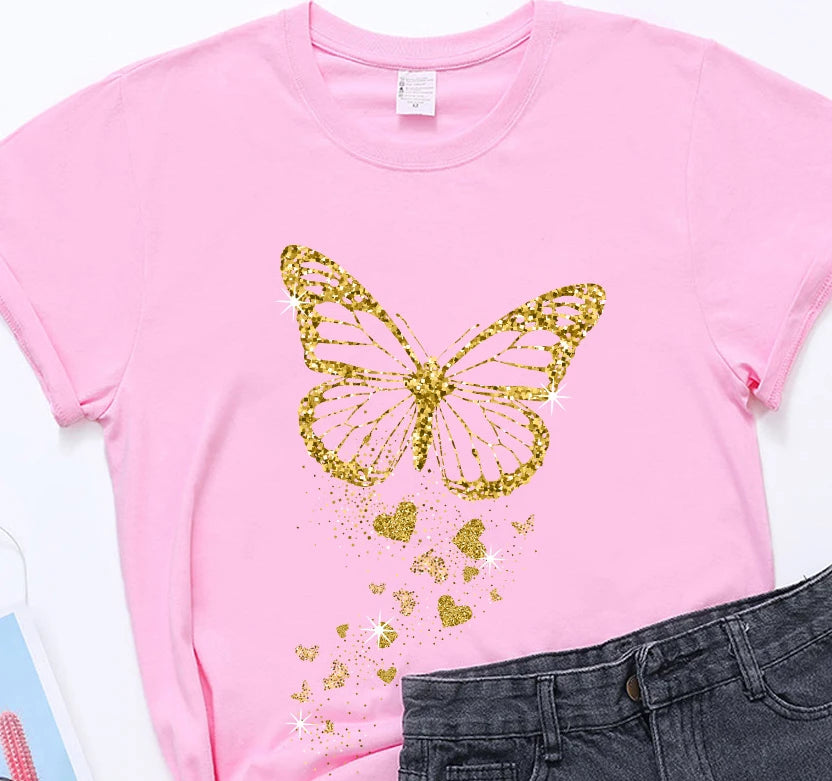 Golden Butterfly Print Women T Shirt Short Sleeve O Neck Loose Women Tshirt Ladies Tee Shirt Tops Clothes Camisetas Mujer