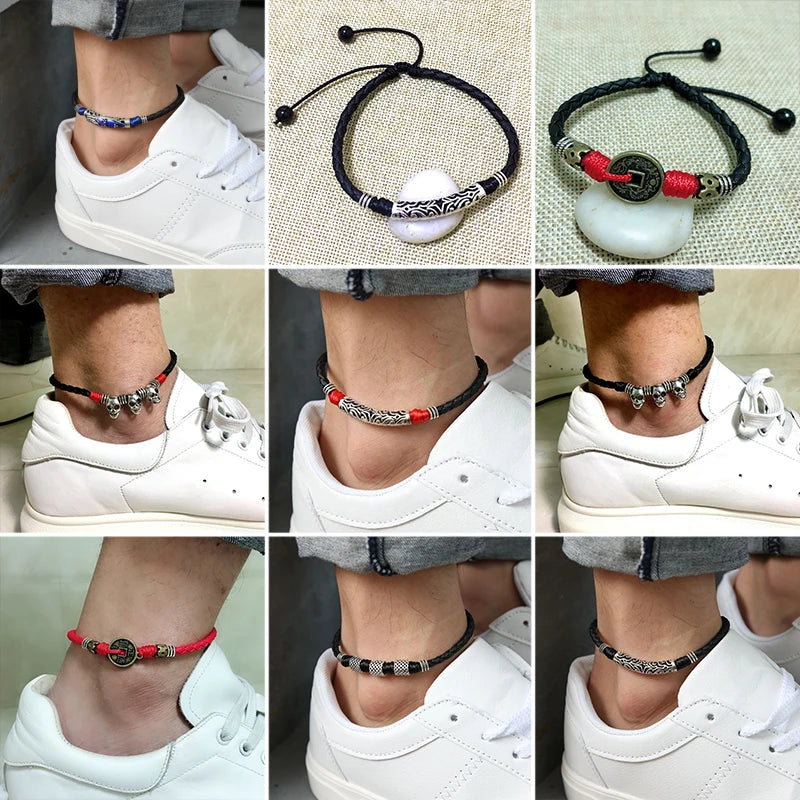 Simple Adjustable Handmade Leaf Anklets Woven Adjustable Rope Lucky Foot Bracelet For Women Men Jewelry