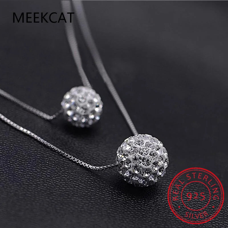 925 Sterling Silver Shiny Diamond Crystal Double Layer Rhinestone Ball Pendant Necklace For Women Wedding Jewelry Choker Collar