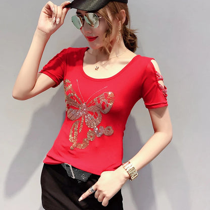 Fashion Gold Butterfly Diamonds Women Backless T-Shirt Sexy Stretch Spliced Gauze Offf Shoulder T Shirt Top Girl Streetwear Tees