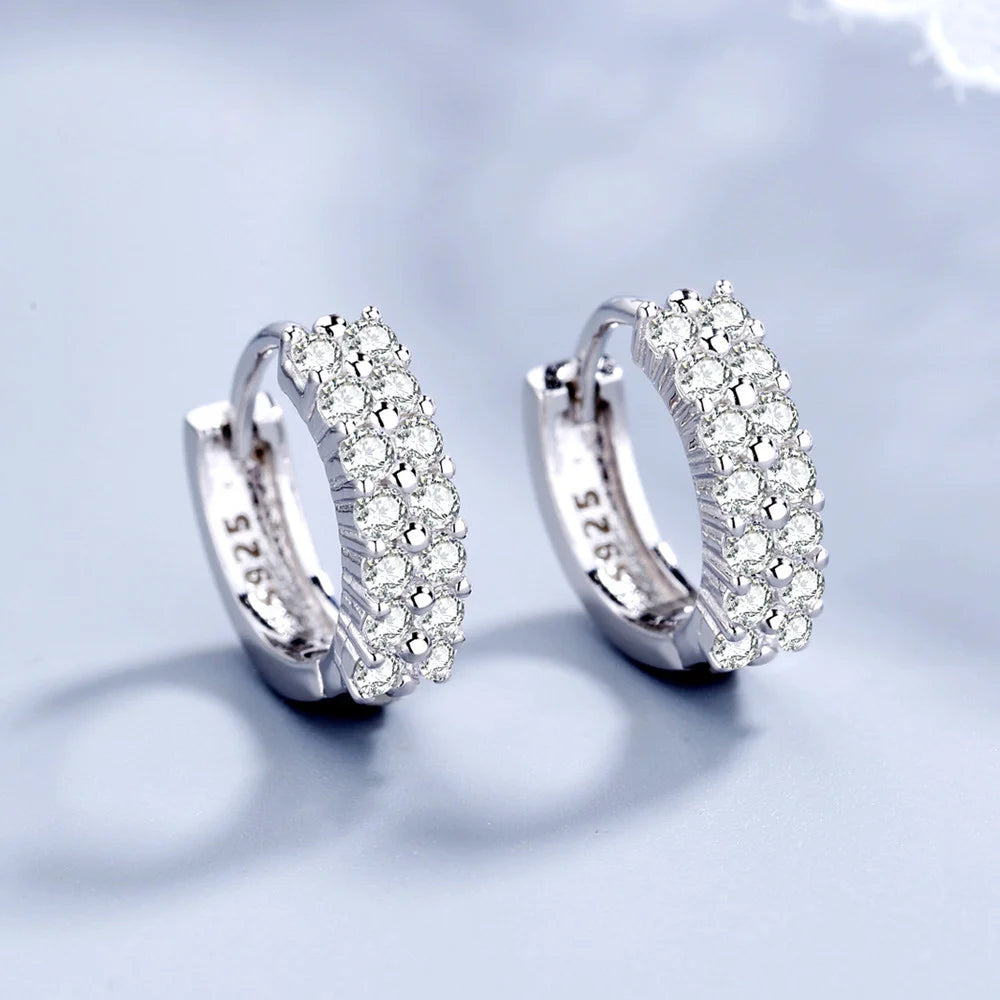 korean fashion 925 Sterling silver Double row Zircon Round Earrings Stud for women fine Jewelry wedding accessories