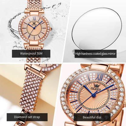 OLEVS Original Full Diamond Luxury Quartz Watch for Women Elegant Rose Gold Ladies Dress Wristwatch Stainless Steel Girl's Watch