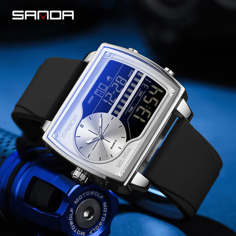 SANDA Top Brand Luxury Men Quartz Watch Fashion Square Watch Men Countdown Sports Waterproof Double Display LED Digital Watch