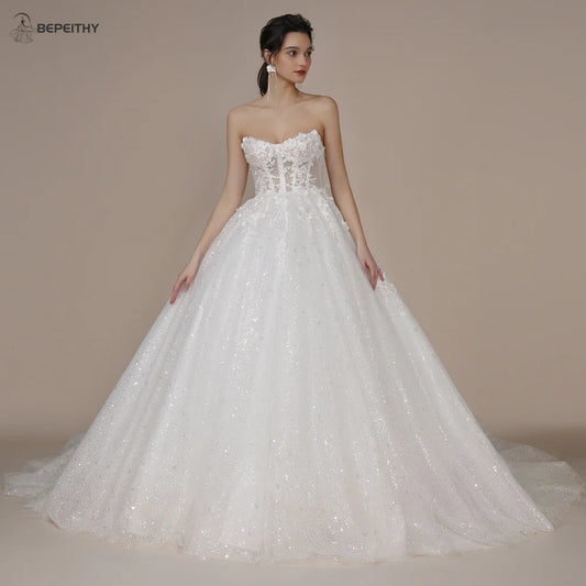 BEPEITHY Customized Princess Strapless Ivory Glitter Wedding Dress 2023 For Women Court Train Bride 3D Flower Shinny Bridal Gown