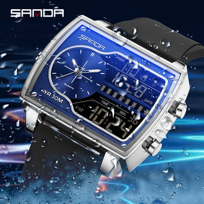 SANDA Top Brand Luxury Men Quartz Watch Fashion Square Watch Men Countdown Sports Waterproof Double Display LED Digital Watch