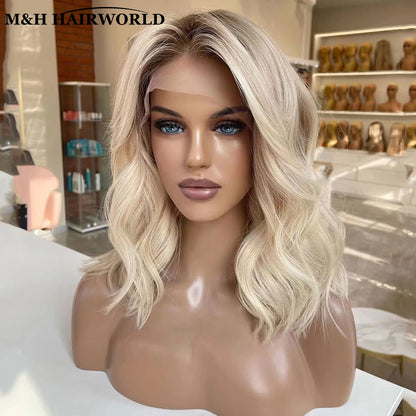 Ombre Ash Blonde Colored Highlights Bob Wig Short Natural Wavy Synthetic Hair Lace Front Wigs 13x3 Frontal Lace Wigs For Women