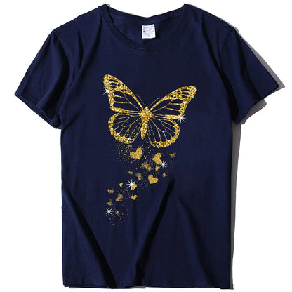 Golden Butterfly Print Women T Shirt Short Sleeve O Neck Loose Women Tshirt Ladies Tee Shirt Tops Clothes Camisetas Mujer