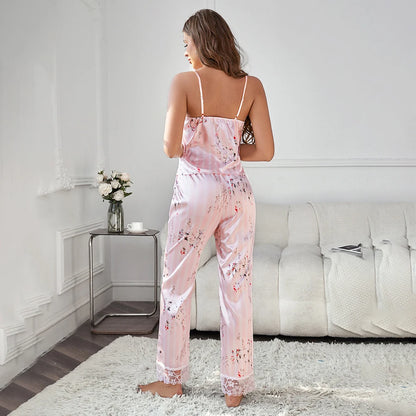 Vertical Striped & Floral Print Lace Trim Satin PJ Set Fashion Long Pants Pajamas for Women Night Wears Comfortable Sleepwear