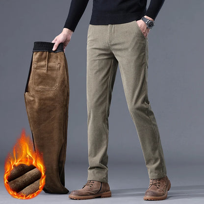 Khaki Black Gray Fleece Men's Corduroy Casual Pants Chenille Thick Stretch Business Trousers Mid-rise Brand Winter Thermal Pants