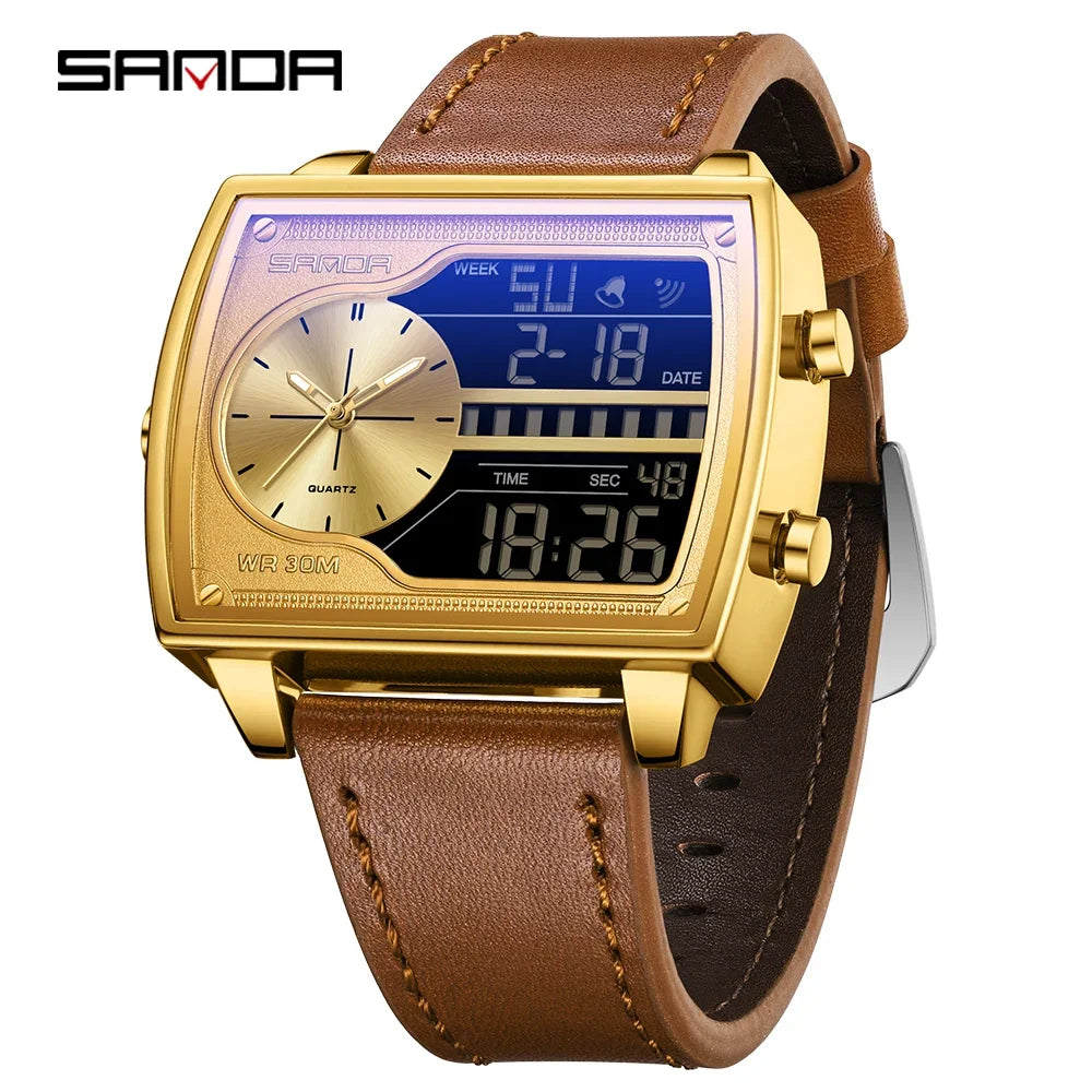 SANDA 6163 Fashion Trend Men's Quartz Watch Fashion Square Watch Countdown Sports Waterproof Dual Display Digital Men's Watches