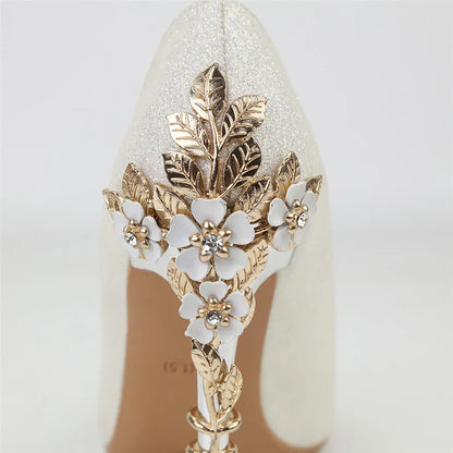 Light Luxury Sexy Women Dress Shoes 2024 Autumn Metal Flower Fashion High Heel Wedding White Pointed Sequins Shiny Female Pumps