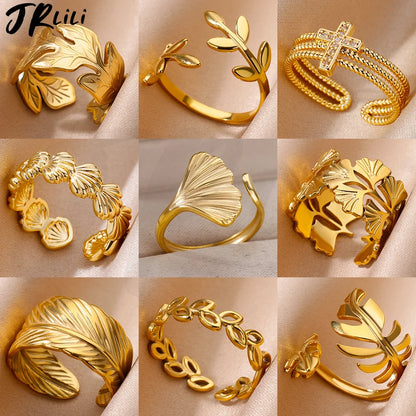 Stainless Steel Leaves Ring for Women Gold Color Shell Starfish Rose Moon Wedding Ring Trend Summer Beach Jewelry Accessories