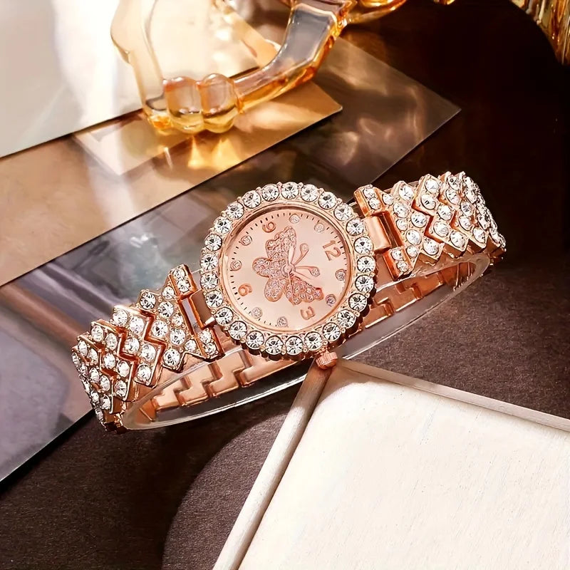 6pcs Rose Golden Quartz Watches For Women Alloy Wrist Watch Butterfly Jewelry Set Great Gift For Her Mom Girlfriend Gifts For Ei