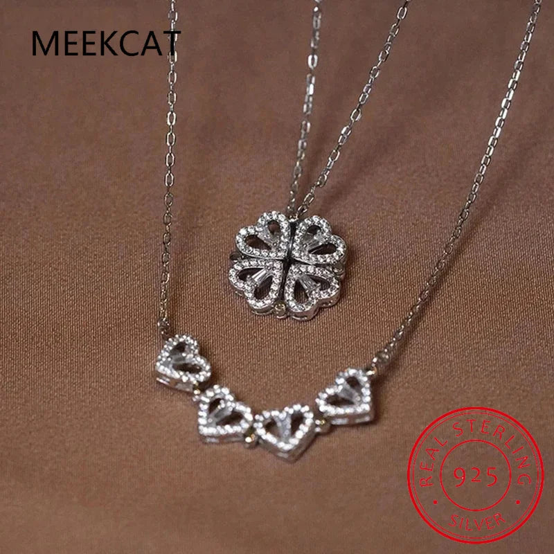 Trendy Magnetic Sterling Silver 925 Zircon Heart Four-leaf Clover Pendant Necklace Women Summer Fine Jewelry Birthday Gift