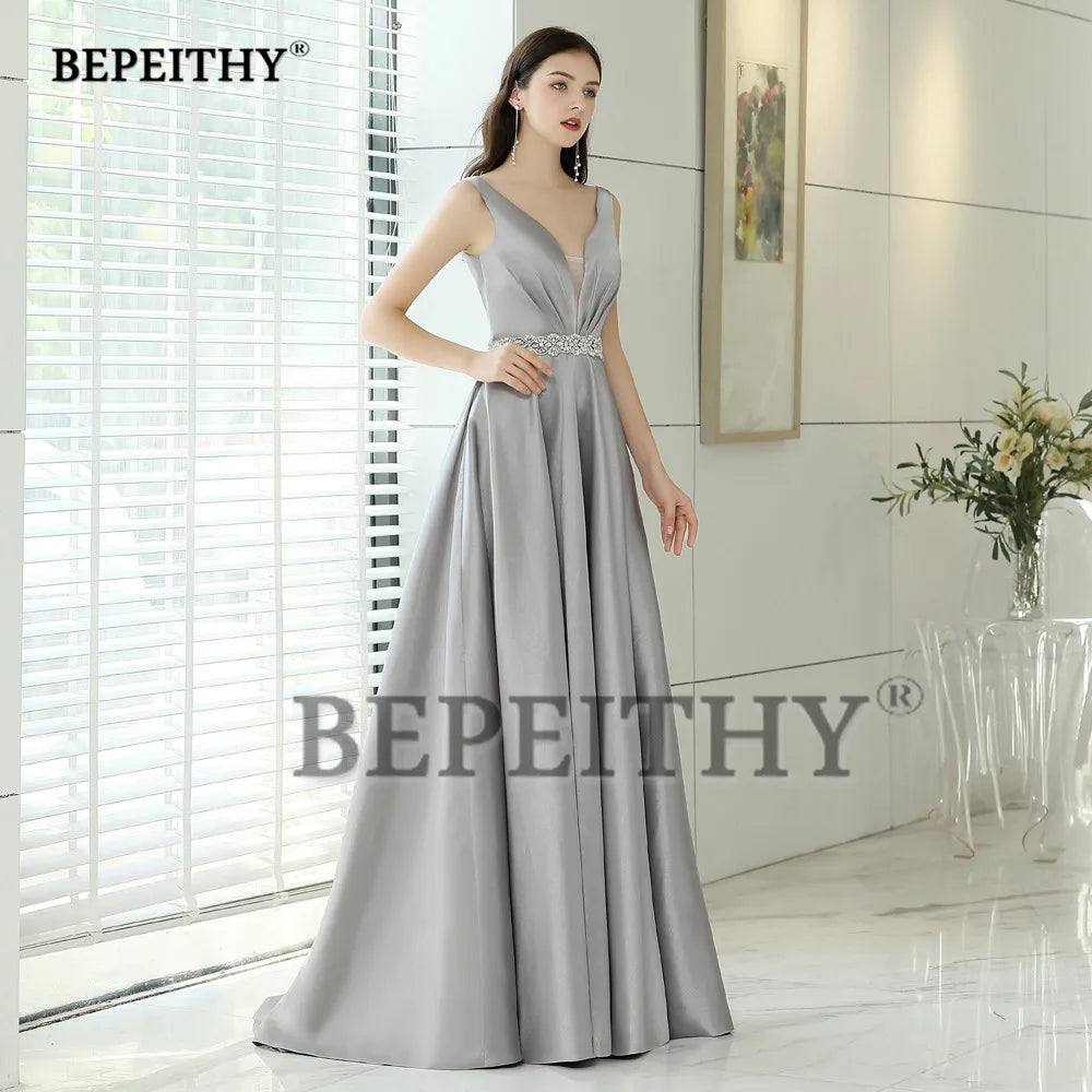 BEPEITHY Customized V-neck Evening Dresses With Crystal Belt Vintage V Neck Elegant Formal Gown Floor Length Prom Dress 2023