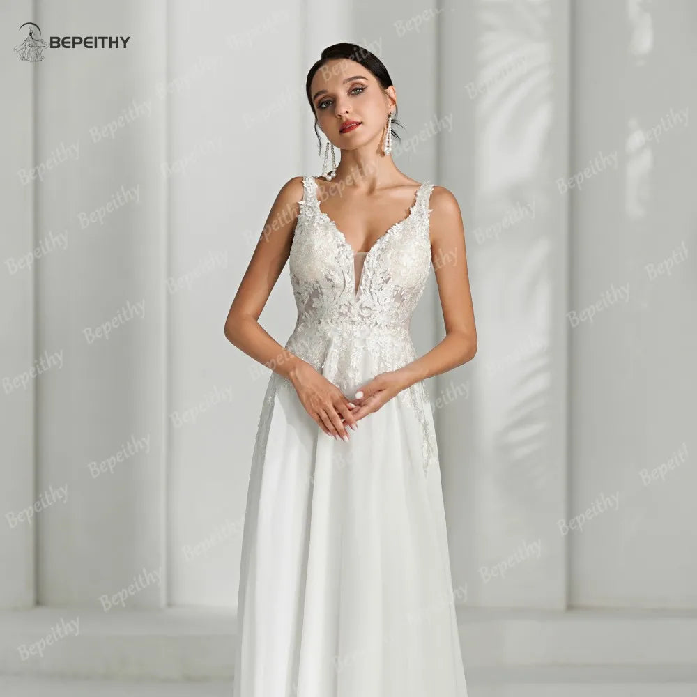 BEPEITHY Customized Ivory Beach Wedding Dresses For Bride Women Chiffon Boho Open Back Sexy Bridal Gown Vestidos De Novia New