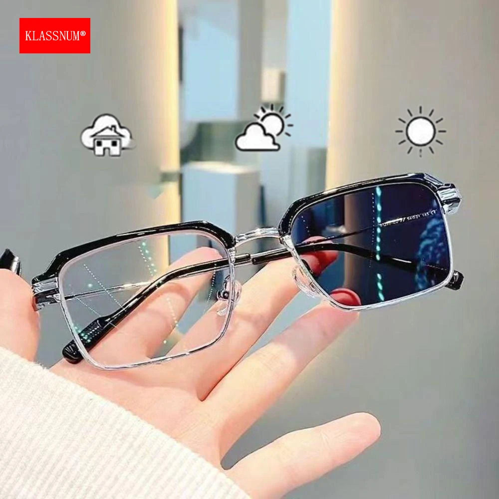 KLASSNUM Men Anti-Blue Light Glasses Photochromic Half Frame Eye Protection Glasses Ultra Light Computer Eyeglasses Sunglasses