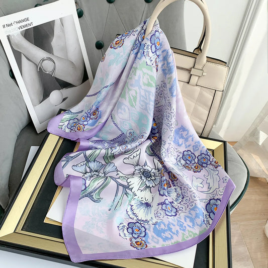 Fashion Design Satin Silk Square Scarf Print Hair Ribbon Scarf for Women Neckerchief Bandana Floral Printing Shawl Headband 2023